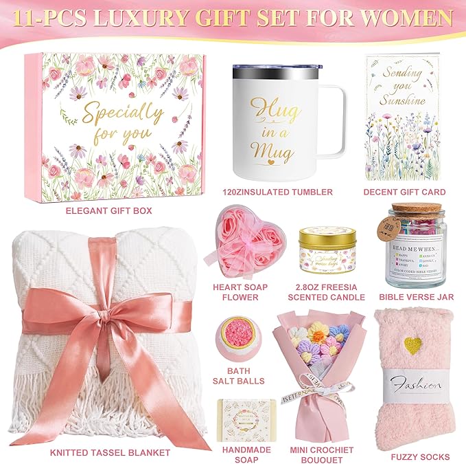Valentines Day Gifts for Her Women Girlfriend Wife Daughter, 11 Pcs Birthday Gifts for Women Mom Her Best Friend Sister Grandma, Self Care Gift Get well Relaxing Spa Thank you Sympathy Gift Basket Set