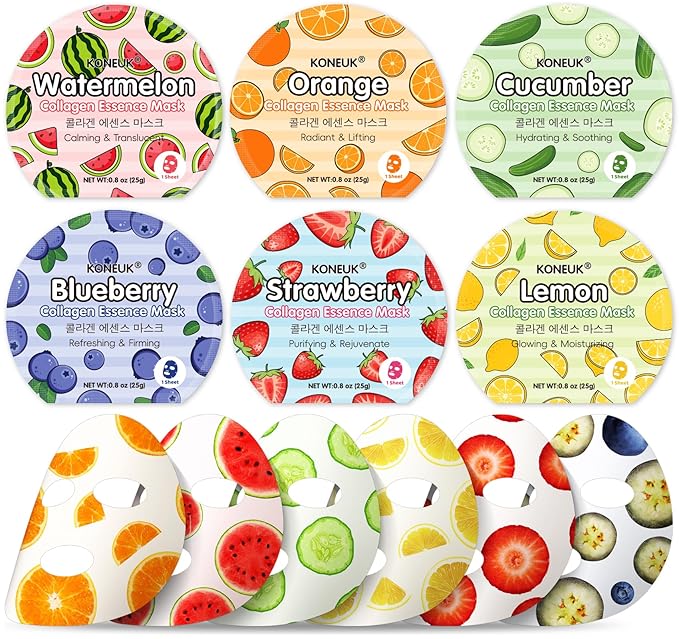 KONEUK 6 Pack Colorful Fruit Face Masks Skincare, Sheet Hydrating Face Mask, Collagen Facial Mask for Skin Care, Valentines Day Gifts for Her, Bulk Mothers Day Gifts and Spa Party Gifts