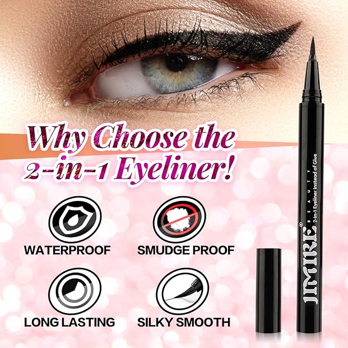 JIMIRE 2-in-1 Eyeliner Instead of Glue, Magic Eyeliner | Extra Strong Hold for False Eyelashes | No Magnet & No Glue Needed | Only for 20’s to Apply Lashes