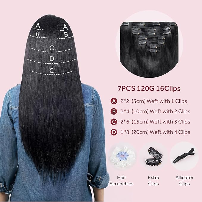 Clip in Hair Extensions Real Human Hair, Jet Black 100% Human Hair Extensions Clip in, Tangle-free Silky Straight Hair Extensions for Women, #1 24Inch 120G 7PCS