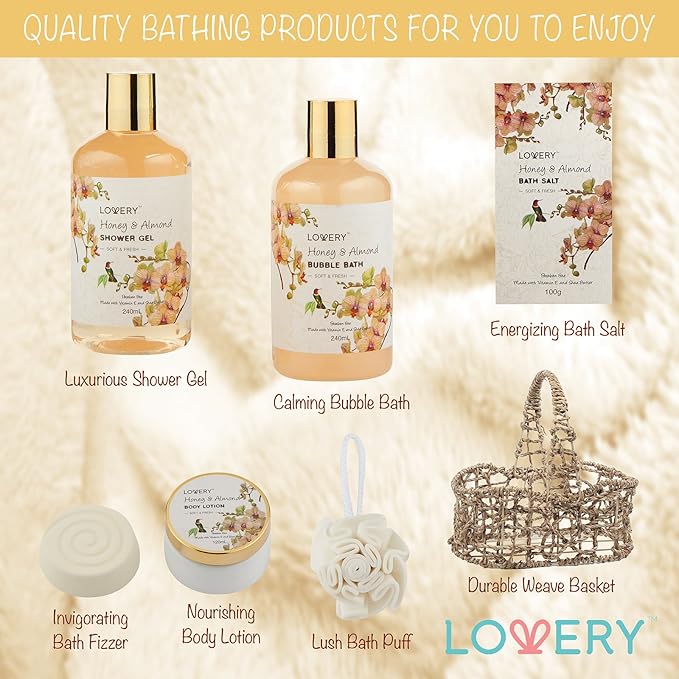 Womens Gifts, Gift Baskets for Women Who Have Everything, Home Spa Honey & Almond Scent, Luxury Bath & Body Set - Shower Gel, Bubble Bath, Body Lotion, Salts, Bath Bomb, Bath Puff & Handmade Basket