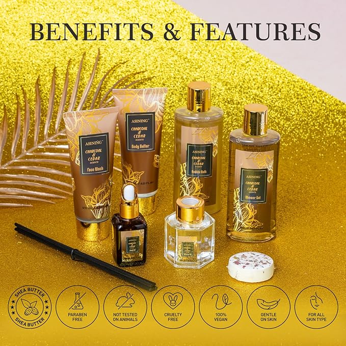 Spa Set for Women & Mens Gift, Relaxing Gifts for Men, Father's Day Gifts for Men Dad with 14PCS Charcoal & Cedar Scents Spa, Includes Bubble Bath, Shower Gel, Body Butter, Spa Kit for Mans Gift Set
