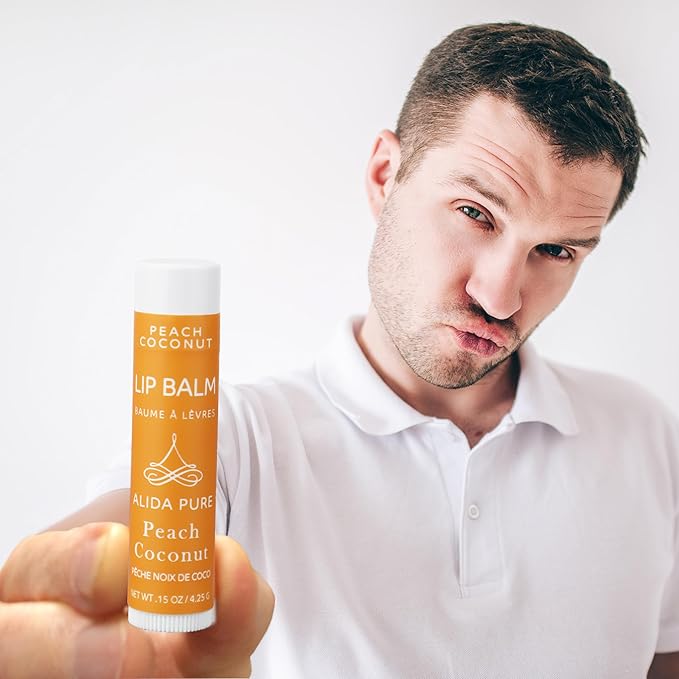ALIDA PURE Peach Coconut Lip Balm Collection, Vegan Set, Lip Balm, Beeswax Free, with Organic Jojoba And Avocado Oil, Vitamin E, Natural Moisturizer for Dry, Chapped Lips, 3 Tube Set