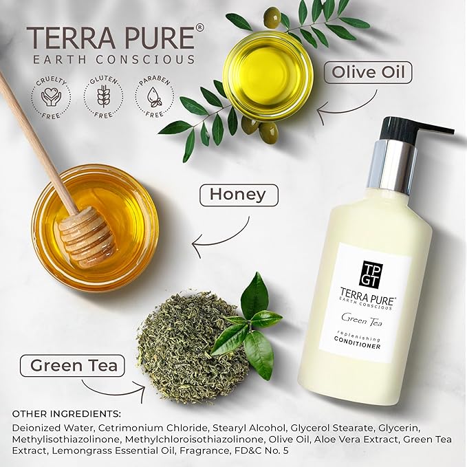 Terra Pure Green Tea Conditioner 10.14oz Pump |Clean Honey and Aloe Vera Formula for Hotels, Resorts & Vacation Rentals | Premium Moisturizing Bath Wash for Guest Amenities and Hospitality Toiletries