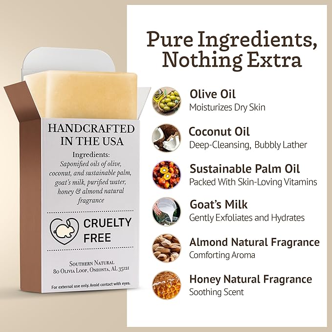 Southern Natural Goat Milk Soap Bar (Honey Almond 3 Pack) For Dry Sensitive Skin. Natural, Handmade Soap For Men, Women, Kids & Baby. Use On Face & Body