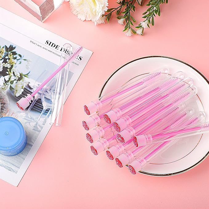 Dming 50-Piece Disposable Mascara Brushes - Eyelash Brushes, Diamond Mascara Wands with Tube, Makeup Tool, Lash Spoolies, Sanitary Brushes, Lash Extension Supplies (Tube Star D Pink 50)