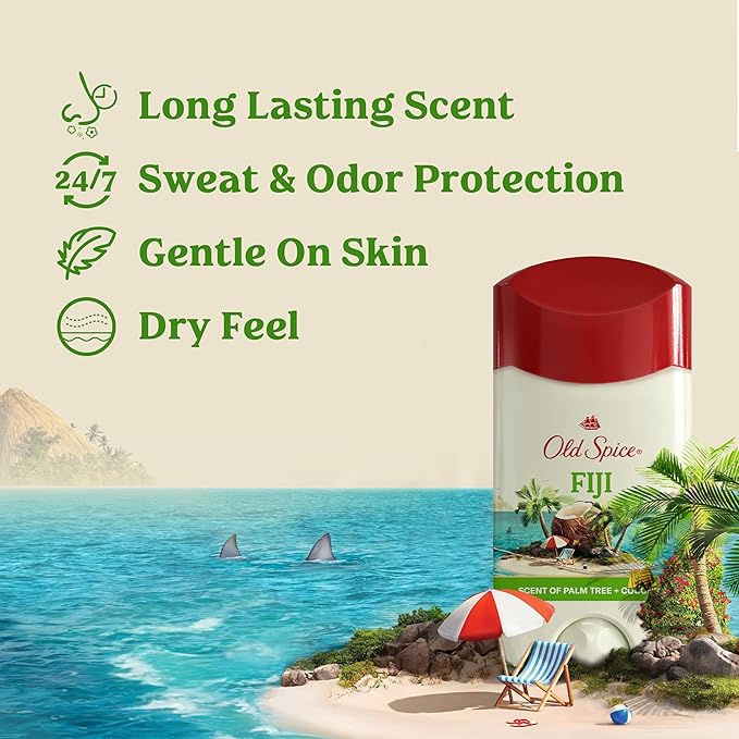 Old Spice Dry Feel Antiperspirant Deodorant for Men, 24/7 Freshness, 24/7 Sweat & Odor Protection, Gentle on Skin with Skin Conditioners, Fiji with Palm Tree + Coconut Scent, 2.6 oz (Pack of 2)