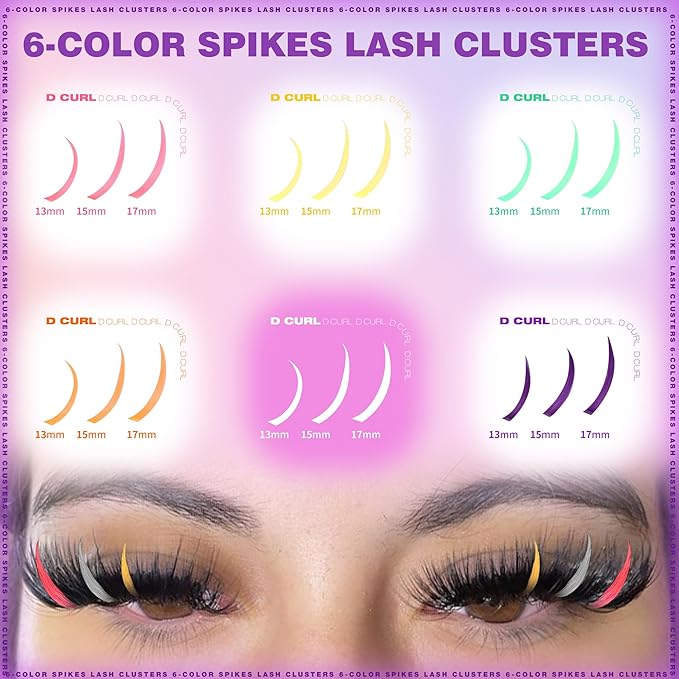 EYDEVRO Colored Lash Clusters with Spikes 100D Volume Eyelash Clusters 10-18mm Mixed Lengths Colorful Cluster Eyelash Extensions Spiky Pink Orange Yellow Green White Purple Cluster Lashes
