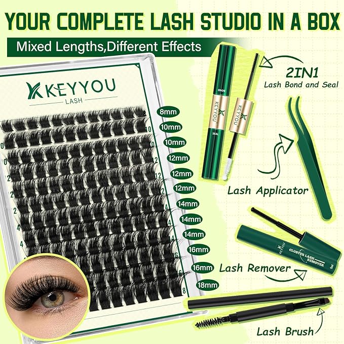 DIY Lash Extension Kit KEYYOU 144pcs Lash Clusters Eyelash Extension Kit with Mascara Brush Bond and Seal Lash Glue Remover Lash Applicators Lash Brush for DIY Lash Extensions (Y04 Kit)