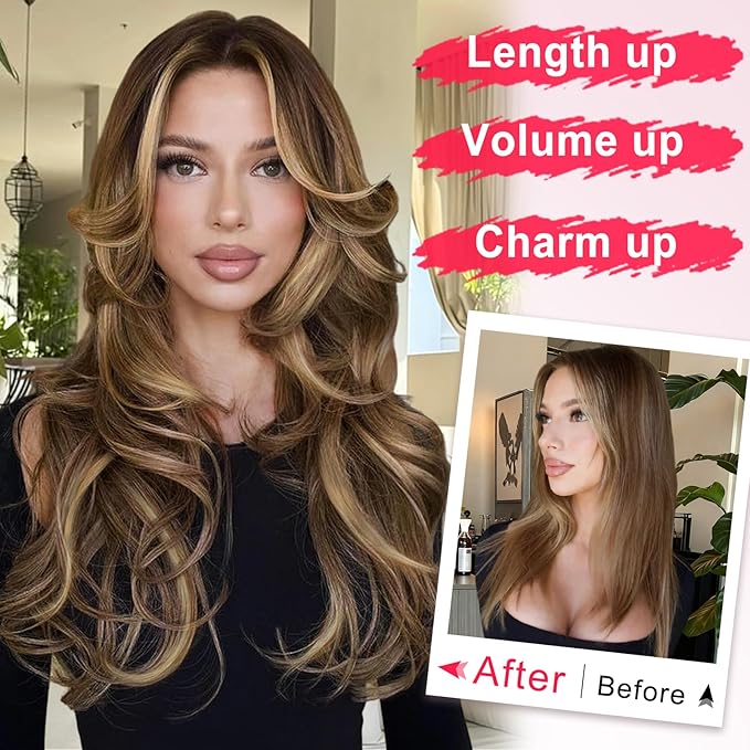 ALXNAN Long Wavy Layered Hair Extensions for Women, Clip in Hair Extensions Clip Ins Soft Full Head Synthetic Hairpieces 20 Inch Brown with Highlights