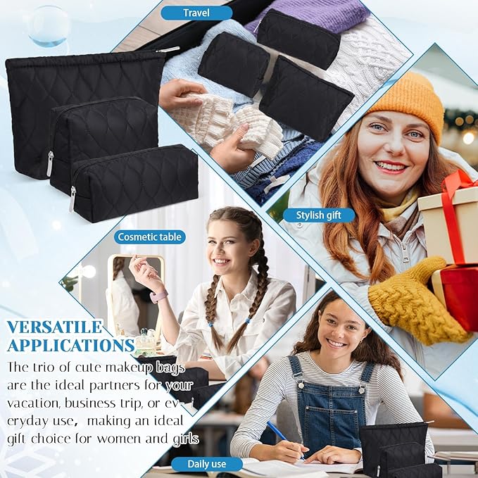 Huhumy 3 Pcs Puffy Makeup Bag Quilted Cosmetic Pouch for Women Cute Waterdrop Travel Toiletry Bag Puffer Makeup Organizer Purse Pouch Preppy Pencil Case with Zipper(Black)