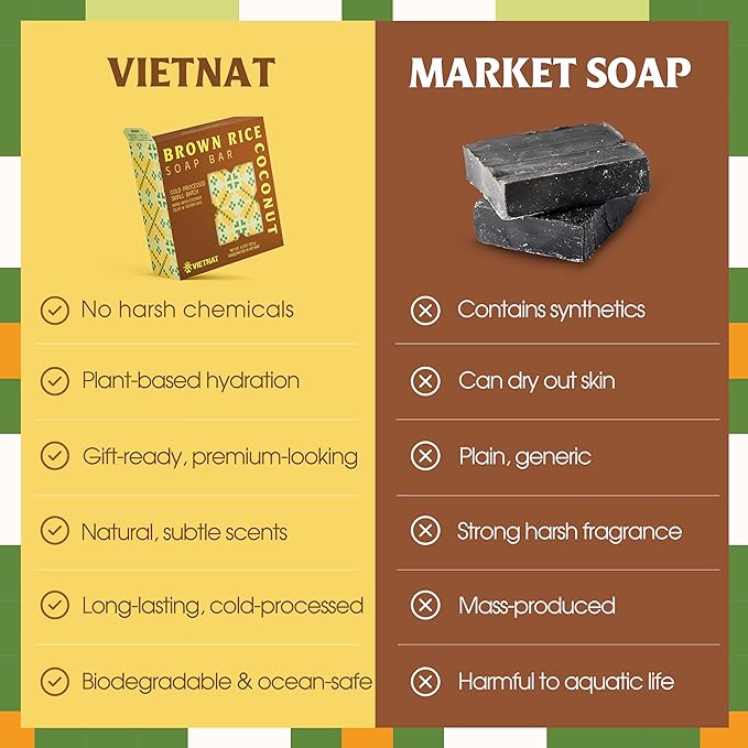 VIETNAT Brown Rice & Coconut Milk Soap Bar (Pack of 5) – 2-in-1 Exfoliating & Moisturizing Handmade Soap, Cold Process Bar with Brown Rice & Coconut Oil, Made in Vietnam