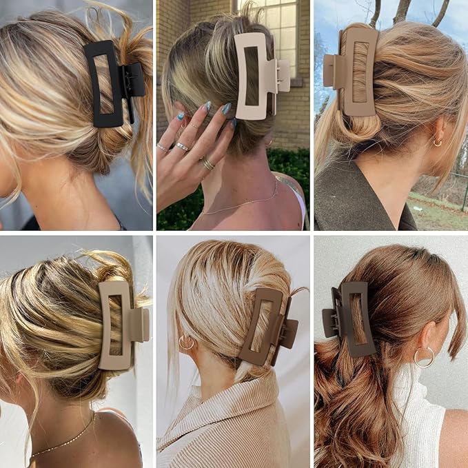 4 Inch Big Hair Claw Clips 6 Pcs Large Claw for Thick Hair Square Hair Clips for Women Rectangle Hair Clips Nonslip Acrylic Banana Jaw Clips Hair Accessories for Girls (Coffee Brown)
