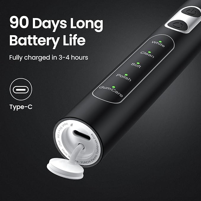 YUNCHI Electric Toothbrush Birthday/Valentine Plastic 8 Heads 24-Mo Deep Cleans Gentle Gums Removes Stains 3Hr USB-C 90d 2-Min Timer/30s IPX7 - Black