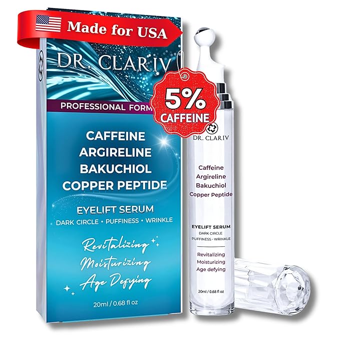 Caffeine 5% + Bakuchiol Eye Serum for Dark Circles, Puffiness Eyes with Argireline & Copper Peptides (GHK-Cu) – Roll-on Under Eye Serum, Anti-Aging Wrinkle Care for Fine Lines– 20ml