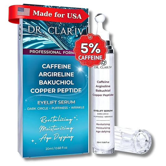 Caffeine 5% + Bakuchiol Eye Serum for Dark Circles, Puffiness Eyes with Argireline & Copper Peptides (GHK-Cu) – Roll-on Under Eye Serum, Anti-Aging Wrinkle Care for Fine Lines– 20ml