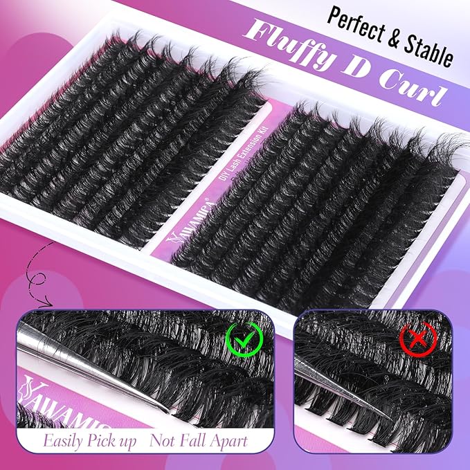 Fluffier Volume Lash Clusters 320pcs DIY Lash Extension 10-20mm D Curly Eyelash Clusters 80D+100D Wispy Individual Lashes Cluster Eyelash Extensions DIY Lash at Home by Yawamica