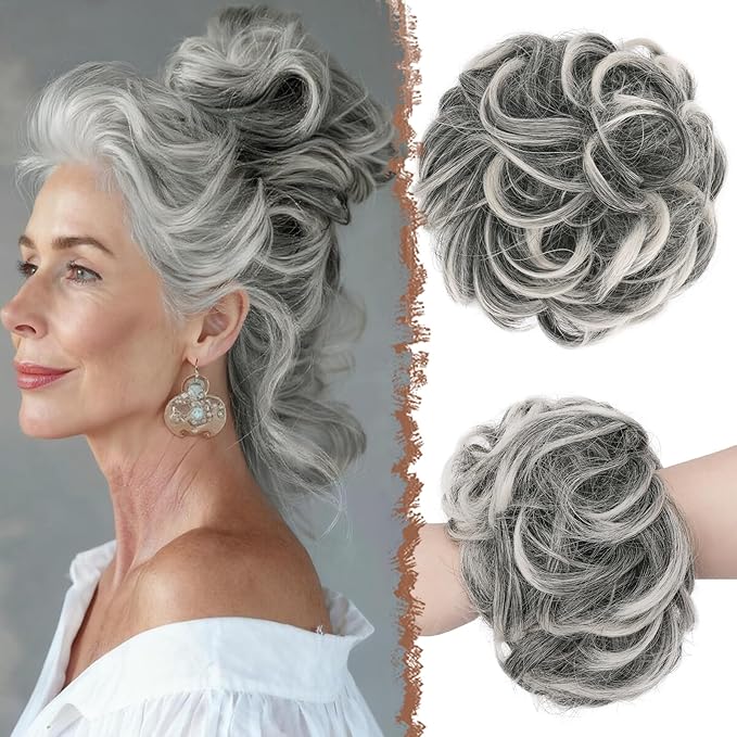FESHFEN Messy Bun Hair Pieces - Large Wavy Curly Elastic Hair Bun Scrunchies Ponytail Extensions Synthetic Chignon Hairpieces for Women, Black Gray and White Tips 1.94oz