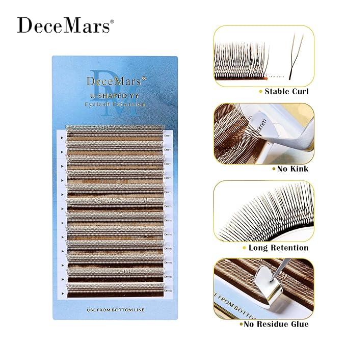 DeceMars U Eyelash Extensions Supplies 0.07mm M Curl 7mm Easy Fans 2D UU Eye Lashes 1400 Pcs Y Shaped Premade Soft Russian Volume Eyelashes Brown 12 Row Soft Wispy False Lashes (UU-0.07-M-7mm)