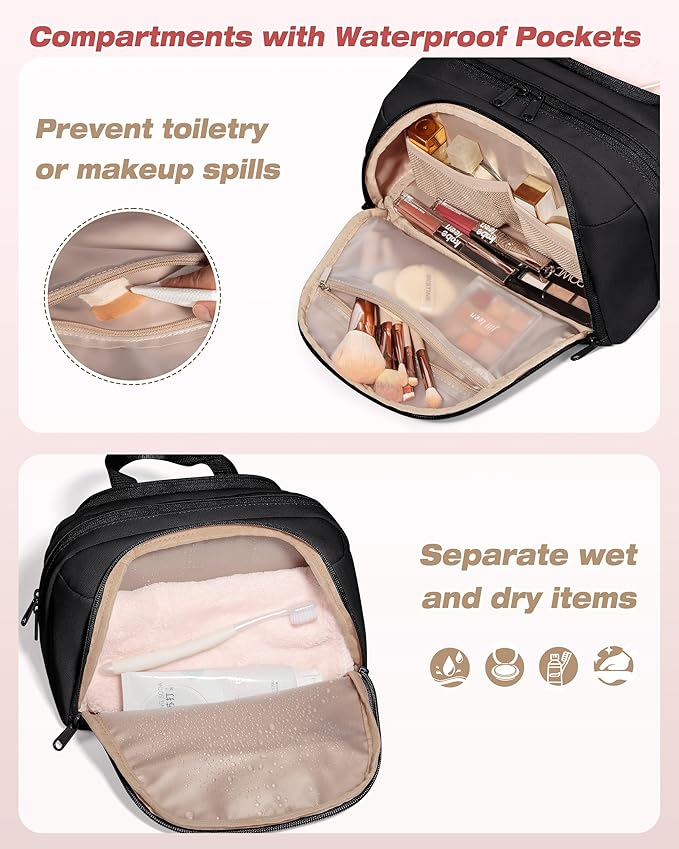 Marscamd Travel Toiletry Bag for Women, Waterproof Makeup & Cosmetic Organizer with Leakproof Pockets for Bathroom or Vanity Use, Black