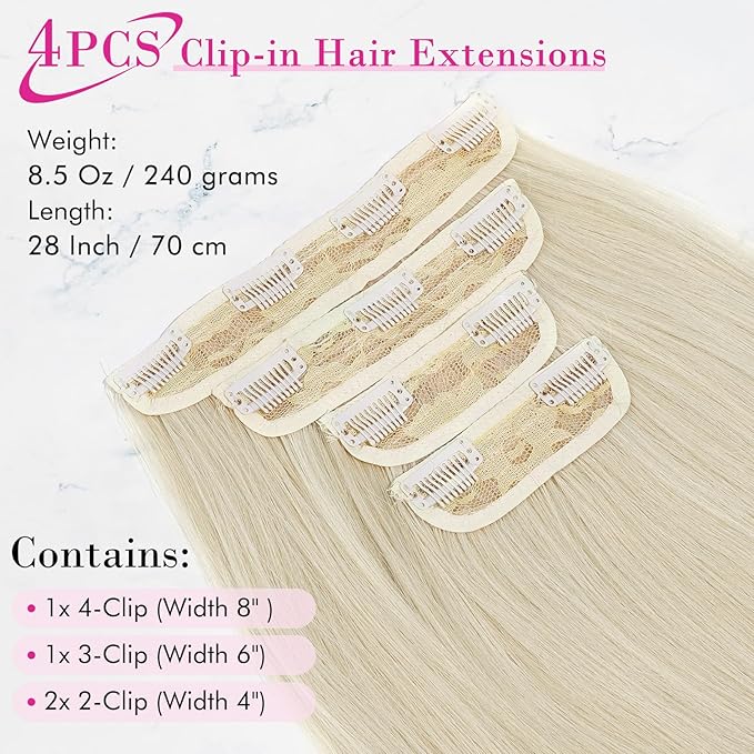 REECHO 28" Straight Long 4 PCS Set Thick Clip in on Hair Extensions -Light Blonde