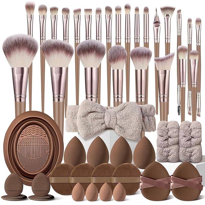 KUORYZAL Brown Makeup Brushes Set Professional 47Pcs Premium Synthetic for Foundation Concealer Blush Eyeshadow Powder Contour Makeup Brush Kit Face Eye Make up Brushes & Tools