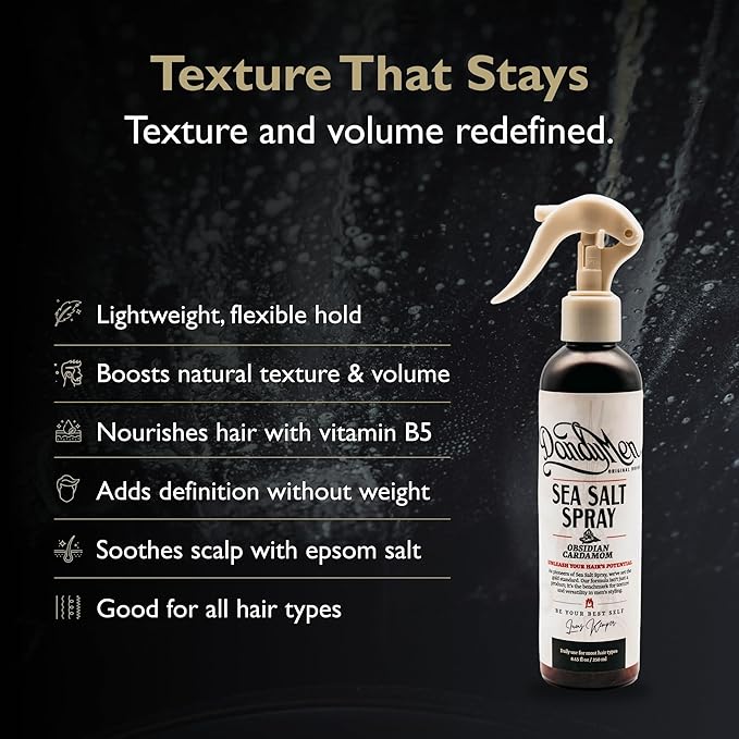 DandyMen Sea Salt Spray for Men – Lightweight Texture, Volume, and Flexible Hold Hair Texture Spray with Epsom Salt & Pro-Vitamin B5 (8.45 oz, Obsidian Cardamom)