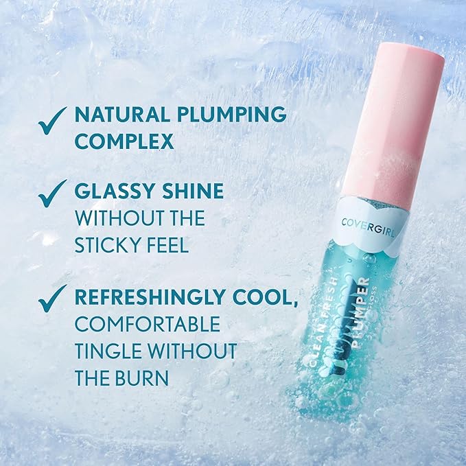 COVERGIRL Clean Fresh Yummy Plumper Lip Gloss, 760 Snow Place Like Home, Shiny, Vegan Formula, Easy to Apply, Minty Flavor, 0.33oz