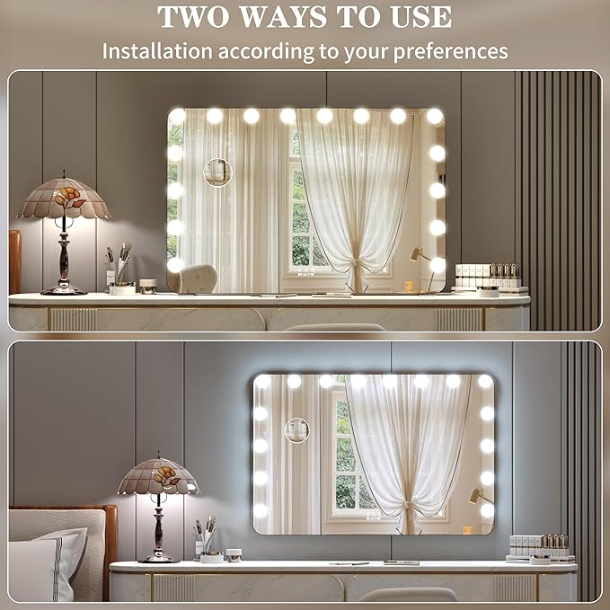 BEAUTME Large Vanity Mirror with Lights, 36''×24'' Makeup Mirror, Light up Mirror with 16 Dimmable LED Lights and 10X Magnification, 3 Lighting Modes, Touch Control