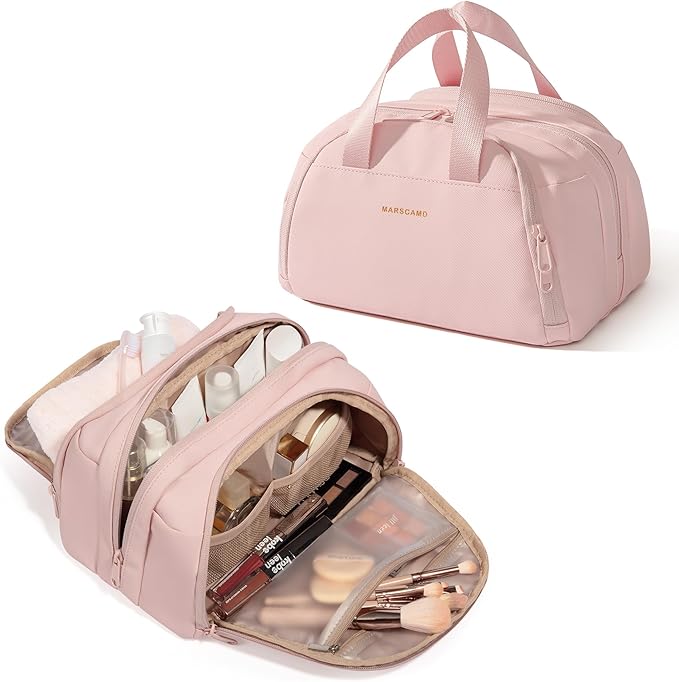 Marscamd Travel Toiletry Bag for Women, Waterproof Makeup & Cosmetic Organizer with Leakproof Pockets for Bathroom or Vanity Use, Pink