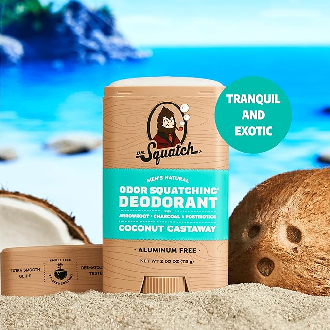 Dr. Squatch Natural Men’s Deodorant – Aluminum Free Natural Deodorant Men with Charcoal & Postbiotics for 72-Hour Odor Protection – Coconut Castaway, 2.65oz Stick (3-Pack)