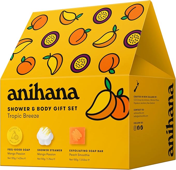 ANIHANA Tropic Breeze Shower & Body Gift Set with Shower Steamer, Body Scrub Bar and Feel-Good Soap
