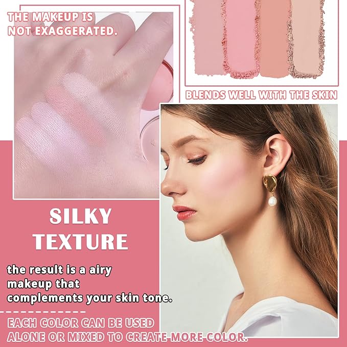 4 Colors Blush Palette for Cheeks,Face Matte Contour Brush 03