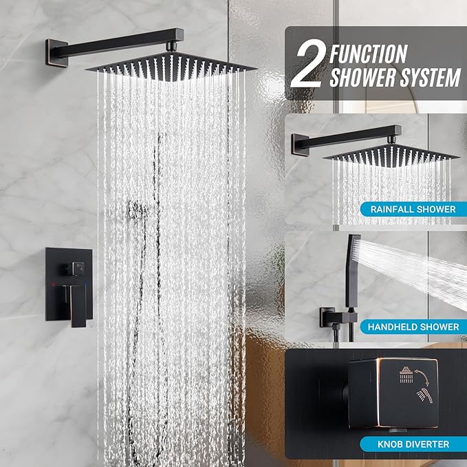 IUERASD Shower Faucet Set, Wall Mount 10 Inch Square Rainfall Shower Head and Handle Set Single Handle Shower System Set with Female Threads Valve Body and Trim Included (Oil Rubbed Bronze)