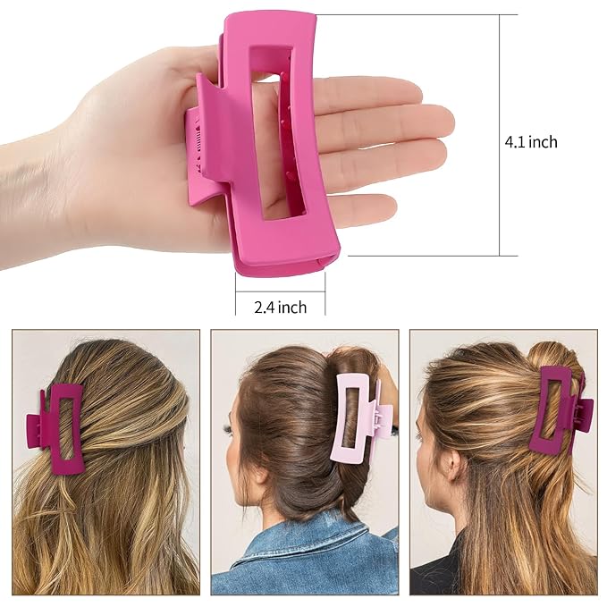 4 Inch Big Hair Claw Clips 6 Pcs Large Claw for Thick Hair Square Hair Clips for Women Rectangle Hair Clips Nonslip Acrylic Banana Jaw Clips Hair Accessories for Girls (Pink Purle)