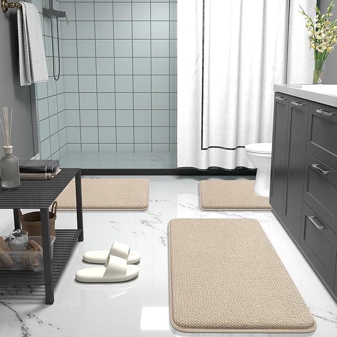 OLANLY Toilet Rugs U-Shaped 24x20, Extra Soft Absorbent Thick Memory Foam Contour Bathroom Rugs, Dry Quickly, Machine Washable, Non-Slip Toilet Bath Mat, Home Decor Accessories, Beige