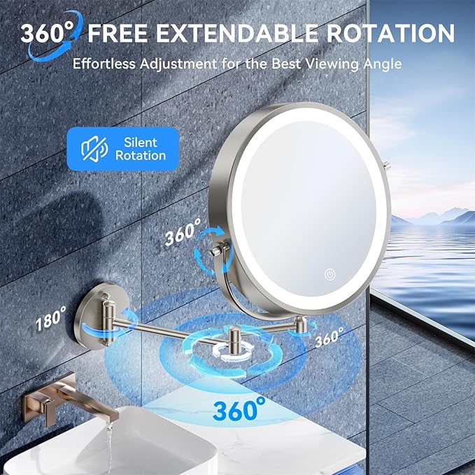 9'' 30X/1X Wall Mounted Lighted Makeup Mirror, 5000mAh Rechargeable Double-Sided Magnifying Mirror with Light, Vanity Mirror Touch Dimmable 3 Colors 360° Rotation Extended Foldable Arm, Power Adapter