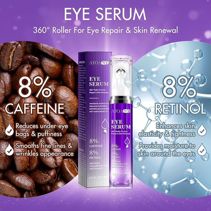 Eye Serum with 8% Caffeine & Retinol for Dark Circles & Puffiness, Under Eye Cream with Hyaluronic Acid, Niacinamide & Peptides, 360° Roller Massage Ball, Fine Line & Wrinkle Care, 0.5 fl oz