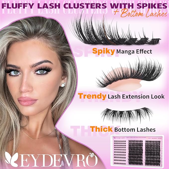 EYDEVRO Wispy Fairy Lash Clusters Kit with Bottom Lashes 12-20mm Long Cluster Eyelash Extensions with Bottom Lash Clusters 300 Pcs Eyelash Clusters Kit DIY Lash Extension Kit Lash Bond and Seal Brush