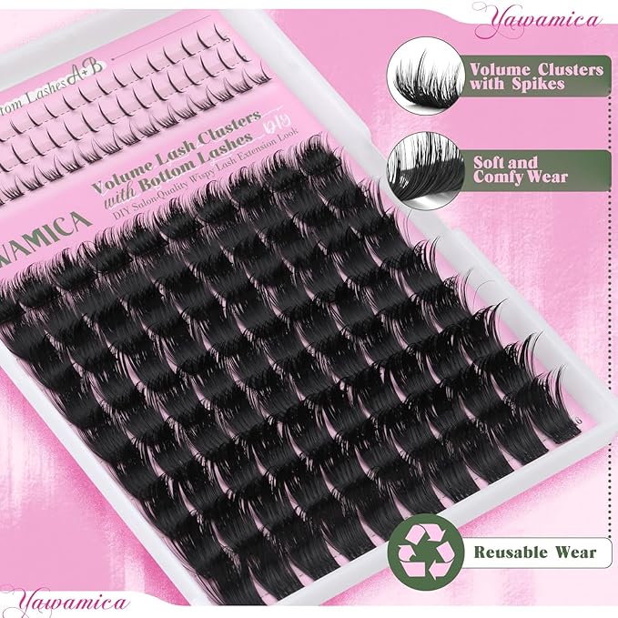 Yawamica Volume Lash Clusters with Bottom Lashes Wispy Eyelash Clusters Built in Spikes 10-16mm Fluffy Cluster Lashes D Curl Individual Lashes with 5-7mm Bottom Lash Extension DIY Spiky Salon Lash