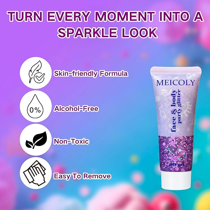 MEICOLY Purple Hair Glitter Kids Makeup,Holographic Halloween Sparkly Face Glitter,Self-Adhesive Mermaid Sequins Face Body Glitter,Chunky Glitter for Festival Rave Accessories Costume Outfits