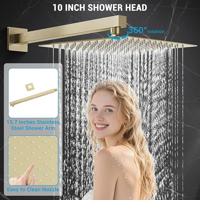IUERASD Shower Faucet set with Shower head, Wall Mount 10 Inch Square Rainfall Shower Head and Handle Set Single Handle Shower System Set with Female Threads Valve Body and Trim Included (Brush Gold)
