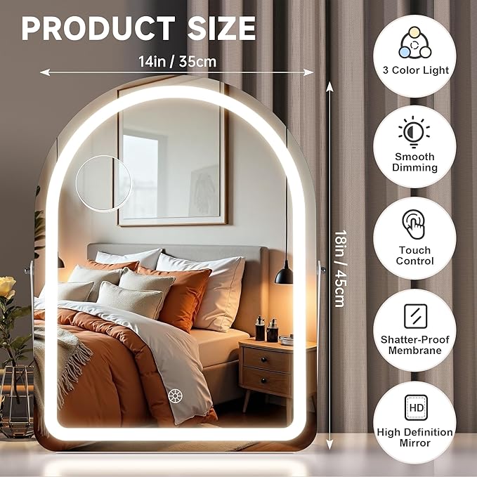 MINISO Vanity Mirror with Lights-14" x 18" Arched Makeup Mirror with 3 Color Lights, Adjustable Brightness, 10X Magnification
