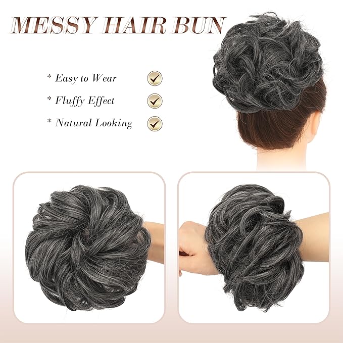FESHFEN Large Messy Bun Hair Piece - Wavy Synthetic Chignon Scrunchies Elastic Ponytail Hair Extensions Thick Hairpieces for Women, Dark Salt and Pepper 1.94oz