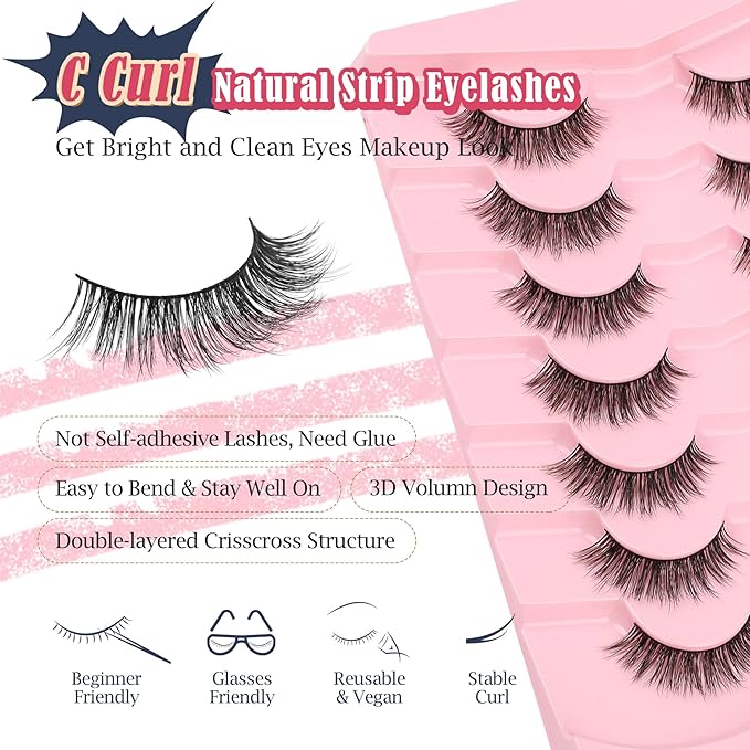 Lashes False Eyelashes 13MM Wispy Lashes Pack Fluffy Lash Strips False EyeLashes with Thin Band C Curl Natural Lashes Fake Eyelash 7 Pair Siligli