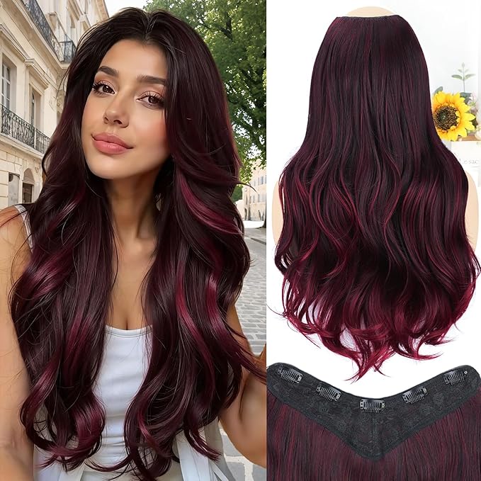 ALXNAN Long Wavy Hair Extensions for Women, Clip in Hair Extensions Clip Ins Soft Full Head Synthetic Hairpieces 20 Inch Ombre Burgundy mix Black