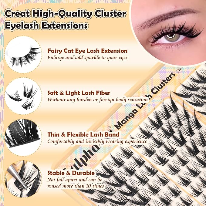 Lash Clusters Fox Eye Cluster Eyelash Extensions Manga Eyelash Clusters Fairy Lash Extension 180Pcs Spiky Individual Lashes 10-14mm Natural Cat Eye Lashes Clusters Anime Eyelash Cluster