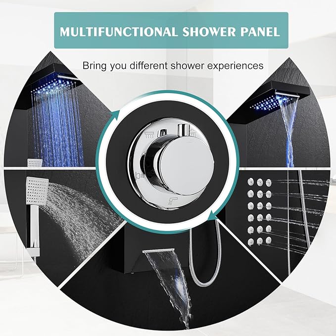 KINKIB LED Shower Panel Tower System Black with Rainfall Waterfall Shower Head, 5-in-1 Shower Tower with Powerful Body Jets, Handheld Shower and Tub Spout, High Pressure Shower Column Stainless Steel