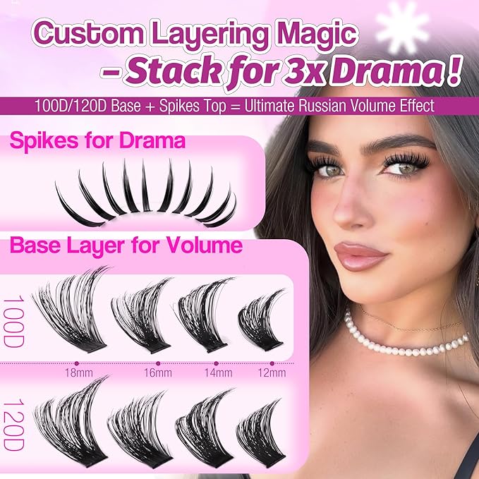 Lash Clusters with Spikes Russian Lash Extensions Spiky Individual Eyelashes 100D 120D Volume Cluster Eyelash Extensions 224 Pcs D-Curly Cluster Lashes Hybrid Eyelash Cluster by Mavphnee (12-19MM)