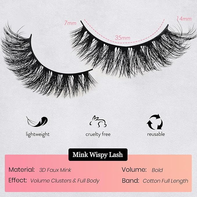 Mink Lashes Fluffy Wispy Eyelashes 14 Pairs Natural Cat Eye Lashes Strips 7-14mm False Strip Eyelash Pack Short Volume Fake Lash Full Small Black Cateye Pestañas Postizas